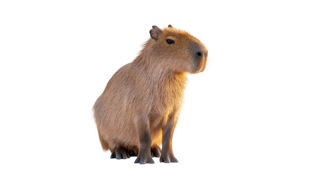 Isolated capybara, large semi-aquatic rodent, sitting calmly, gentle and expressive