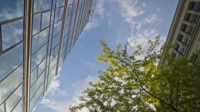 Low angle smooth cinematic dolly movement between modern glass skyscrapers in business district, corporate architecture, urban growth, financial success and contemporary city development