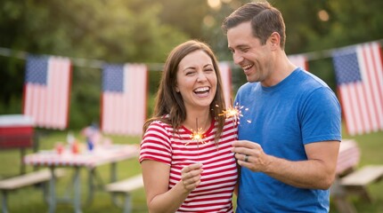 Obraz premium Young Caucasian Couple Laughing with Sparklers at Outdoor Patriotic Summer Celebration Party