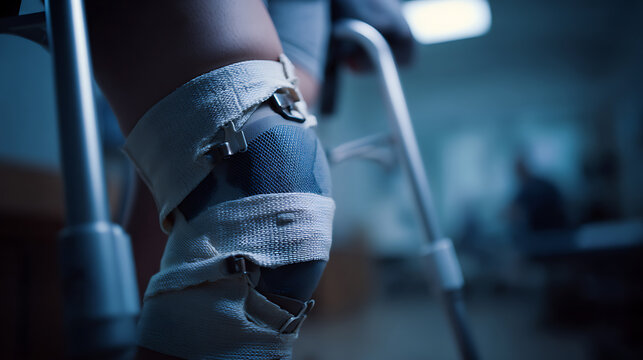 Close up view of a person's knee wearing a medical brace, with a walker in the background, illustrating rehabilitation and recovery after injury