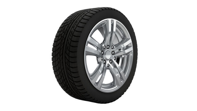 Isolated modern car wheel with alloy rim and detailed tire tread on clean backdrop