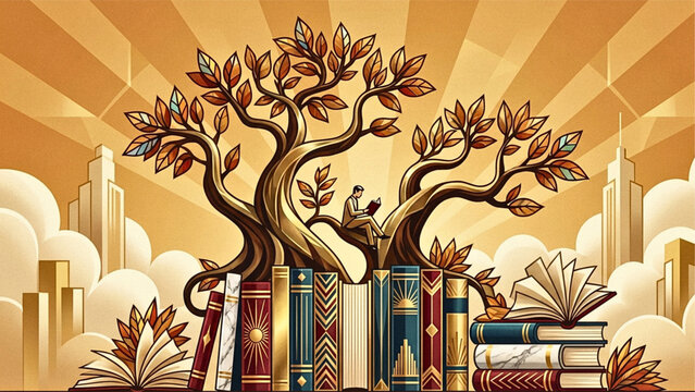 A tree of knowledge from books , an illustration for education and self-development