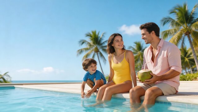 Family relaxing by poolside with coconut