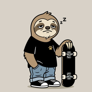 Cartoon sloth with skateboard sleeping.