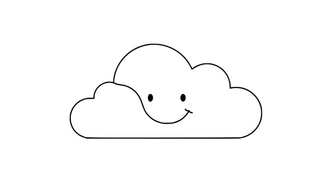 Cute cartoon cloud with smiling face, simple line drawing, white background