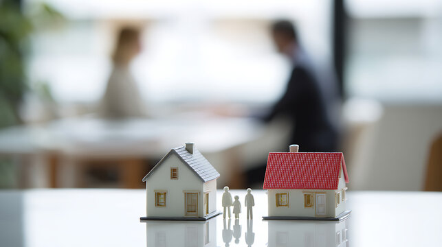 Miniature house models and family figurines on white table, with blurred people in background, symbolizing real estate, home ownership, and property investment