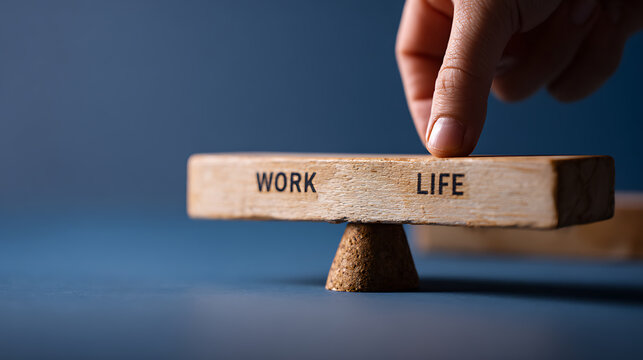 Achieve Balance: Conceptual Wooden Seesaw with 'Work' and 'Life' Words, Hand Adjusts, Blue Background, Wellbeing Metaphor