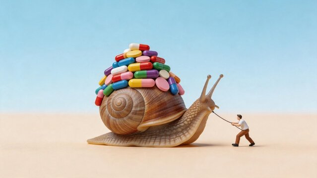 Man pulling snail with pills on shell