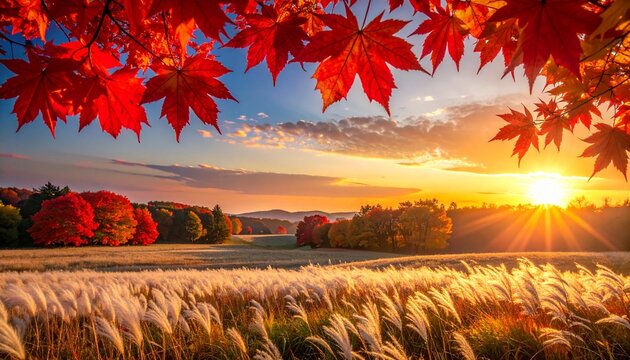 赤とオレンジの紅葉が美しいミニマル秋背景フォト