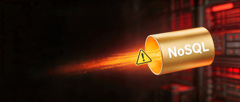Golden NoSQL database container flying with a fiery orange data trail. Yellow warning icon indicating data overload or system error. High speed network alert concept