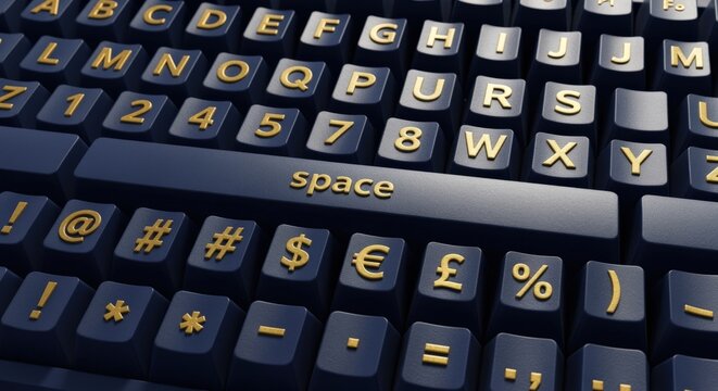Close-up of a modern, dark keyboard with gold lettering, highlighting the space bar and letter keys for typing and technology concepts