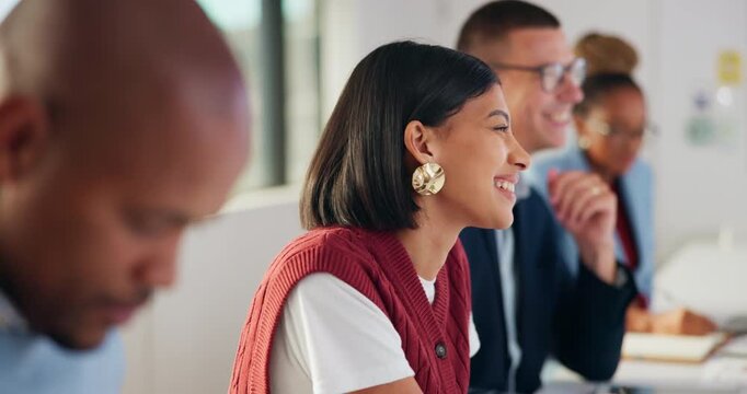 Smile, business and woman with staff in seminar for discussion, training intern and career growth. Happy, people and employees in meeting for coaching, corporate presentation and listening to speech