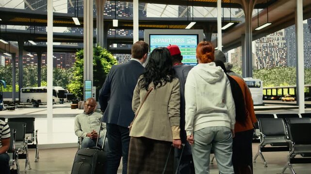 Flow of travelers moving through busy coach station during departure hours. Diverse passengers with baggage monitoring timetable and schedule on screen, long-distance bus travel.