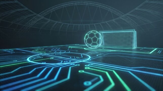 Digital Soccer Field Concept with Neon Circuit Board Graphics and Glowing Football for Sports Technology Marketing