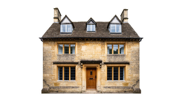 Isolated traditional English stone cottage with dormer windows and classic architecture.