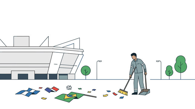Cleaner sweeping up after a sports event