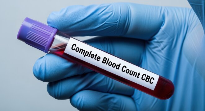 Gloved hand holds medical test tube labeled Complete Blood Count CBC with red liquid sample for analysis