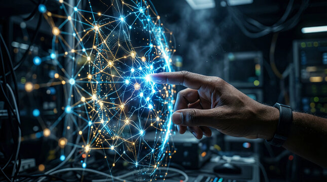 Hand touching glowing digital network nodes in data center, technology innovation concept