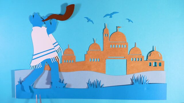 Concept of celebrating the Jewish New Year, Rosh Hashanah or Yom Teruah, in Jerusalem. Flat composition of hand-cut paper elements