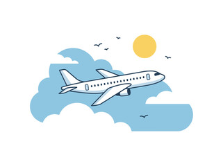 Naklejka premium A hand drawn illustration of a commercial passenger airplane flying through the sky.
