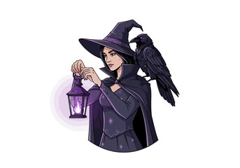 Obraz premium A mysterious witch holding a glowing lantern with a raven perched on her shoulder.