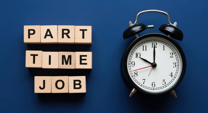 Wooden Blocks Spelling Out 'Part Time Job' Next to a Classic Alarm Clock on a Blue Background