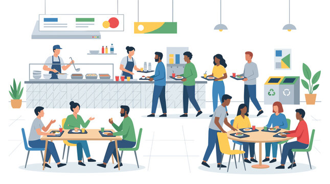 Minimalist cafeteria scene with diverse people eating and queuing