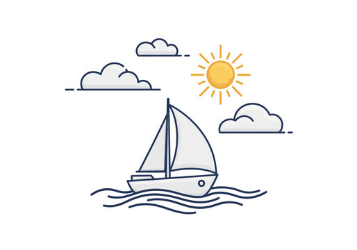 A simple line art illustration of a sailboat floating on ocean waves.