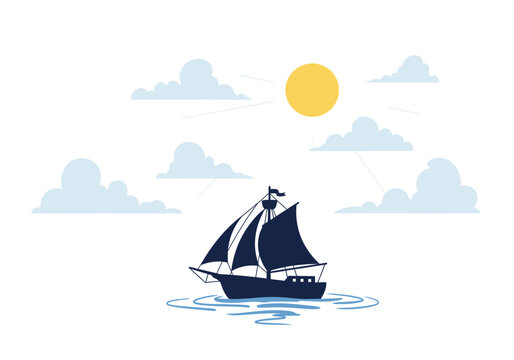 A dark blue silhouette of a vintage sailing ship on calm water.