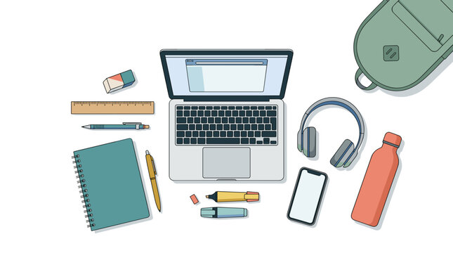 Minimalist desk setup with laptop notebook and stationery