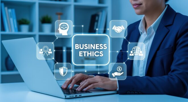 Business Ethics Concept with Icons Representing Integrity, Trust, and Corporate Responsibility on a Digital Interface