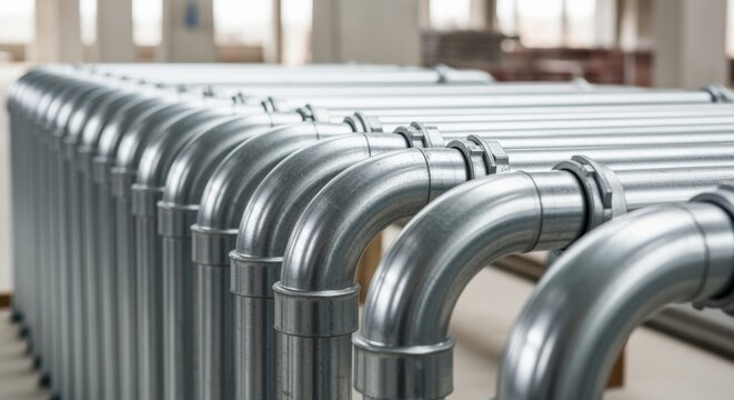Row of shiny industrial metal pipes and plumbing fittings in a factory setting