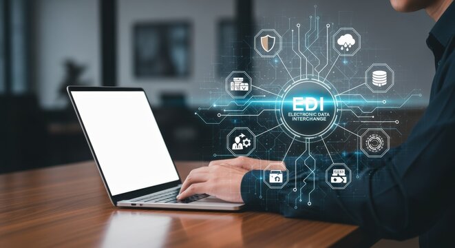 Business professional using laptop with digital EDI network interface, cloud computing, data security, and communication icons