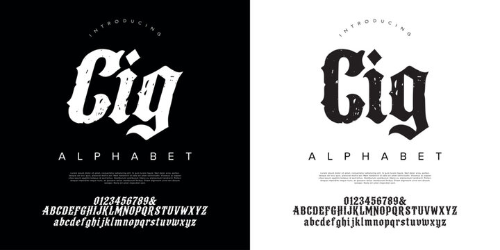 Cig Alphabet Font Vintage Gothic Blackletter Textured Tattoo Hardcore Vector Typography Set