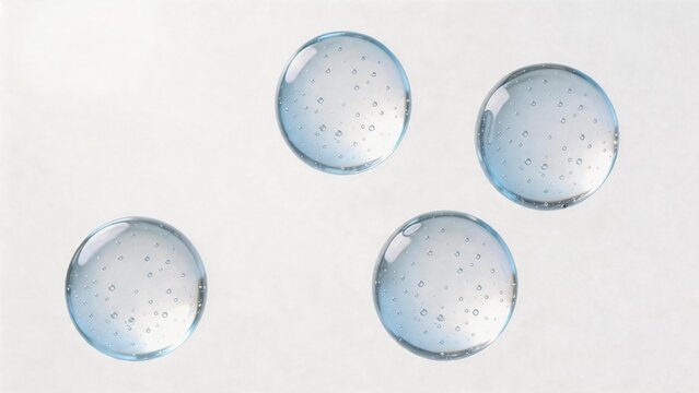 Four transparent blue liquid droplets