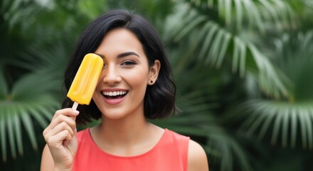 Obraz premium Joyful woman with vibrant yellow popsicle covering one eye, enjoying summer refreshment outdoors amidst lush green foliage