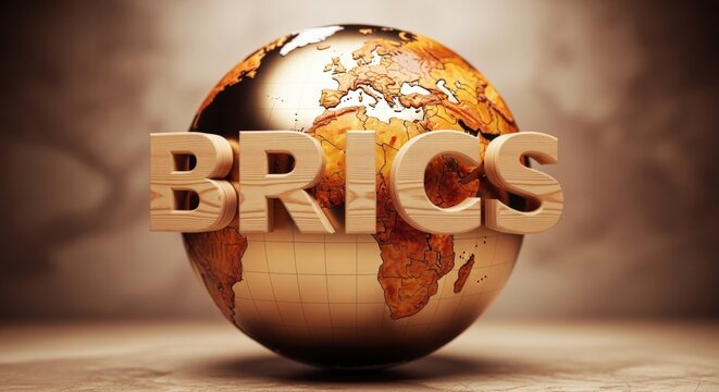 Global Economic Alliance BRICS Represented by 3D Wooden Text on Textured Earth Globe