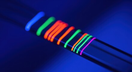 Obraz premium Abstract close-up of fluorescent compounds separated by chromatography under UV light, showcasing vibrant colors and molecular detail for scientific analysis.