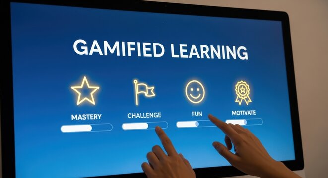 Hands interacting with a digital screen displaying gamified learning concepts like mastery, challenge, fun, and motivation.