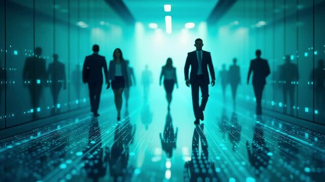 Executives walking in a futuristic corridor with glowing digital circuits. Silhouettes of professionals in a high-tech workspace. Innovation and technology concept