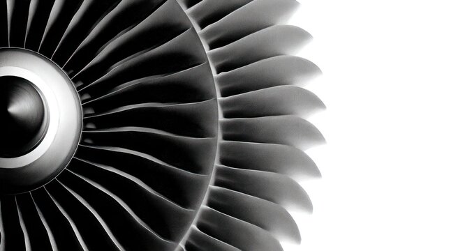 Close up of airplane engine turbine blades against a white background