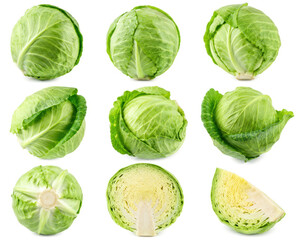 Fototapeta premium Collection of Fresh Green Cabbage Heads Isolated on White Background