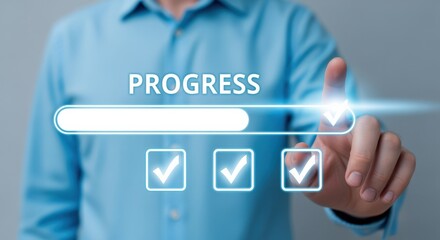 Obraz premium Business professional touches progress bar with checklist confirming successful completion of tasks