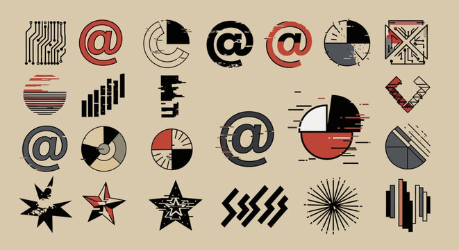 Abstract Geometric Icons Set: Glitch Effect, Data Visualization, @ Symbol