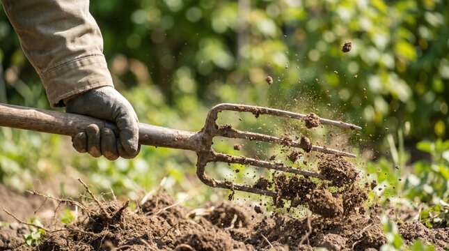 Gardener using a metal pitchfork to turn soil in a vegetable garden for spring planting preparation