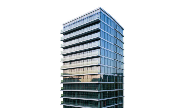 Isolated modern residential building with glass facade and balconies, contemporary architecture.