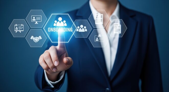 Business professional pressing an interactive digital button for onboarding, showcasing employee integration and corporate HR process
