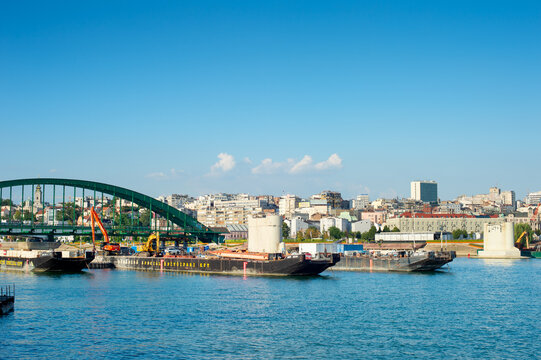Construction barges Sava river Belgrad