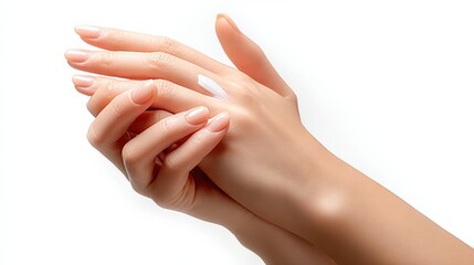 Naklejka premium Close up of a woman's delicate hands applying luxurious moisturizing cream for soft, healthy skin