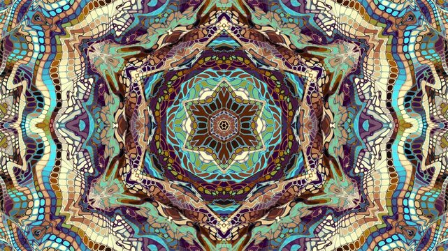 Ornate mandala design, spiritual symmetry, intricate patterns loop background